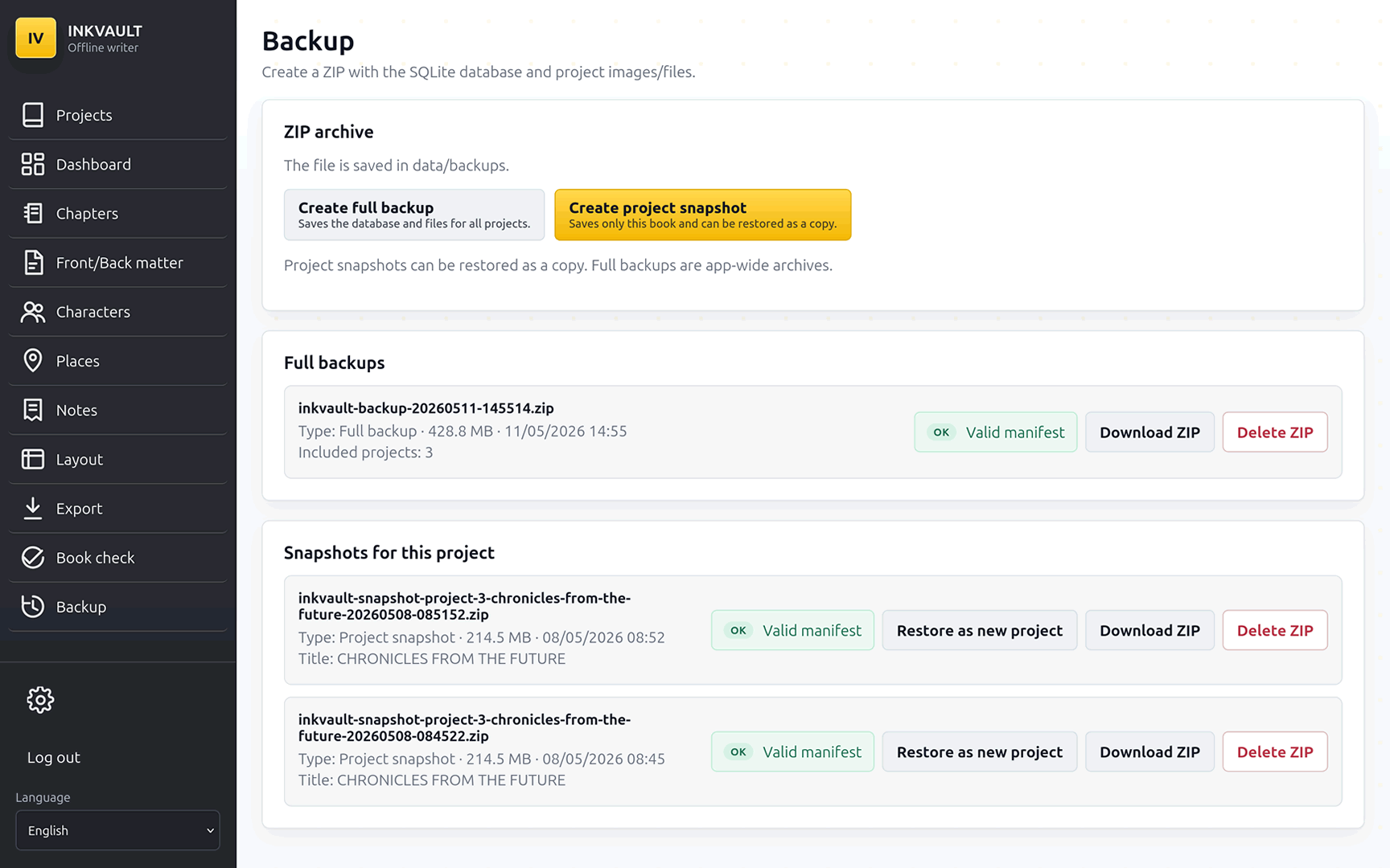 InkVault backups screen for local manuscript milestones and project backup files.