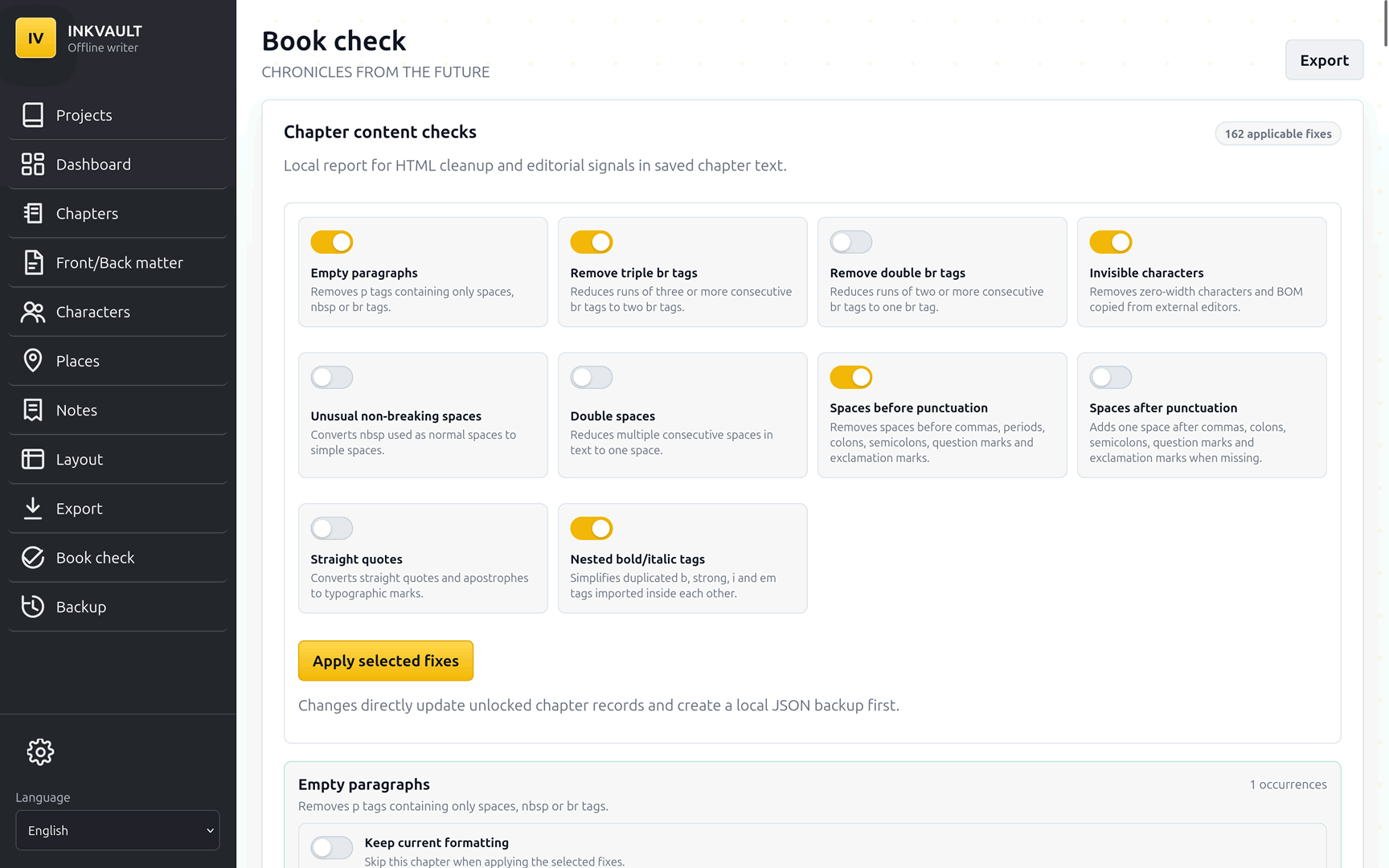 InkVault book check screen showing preflight warnings before PDF and ebook export.