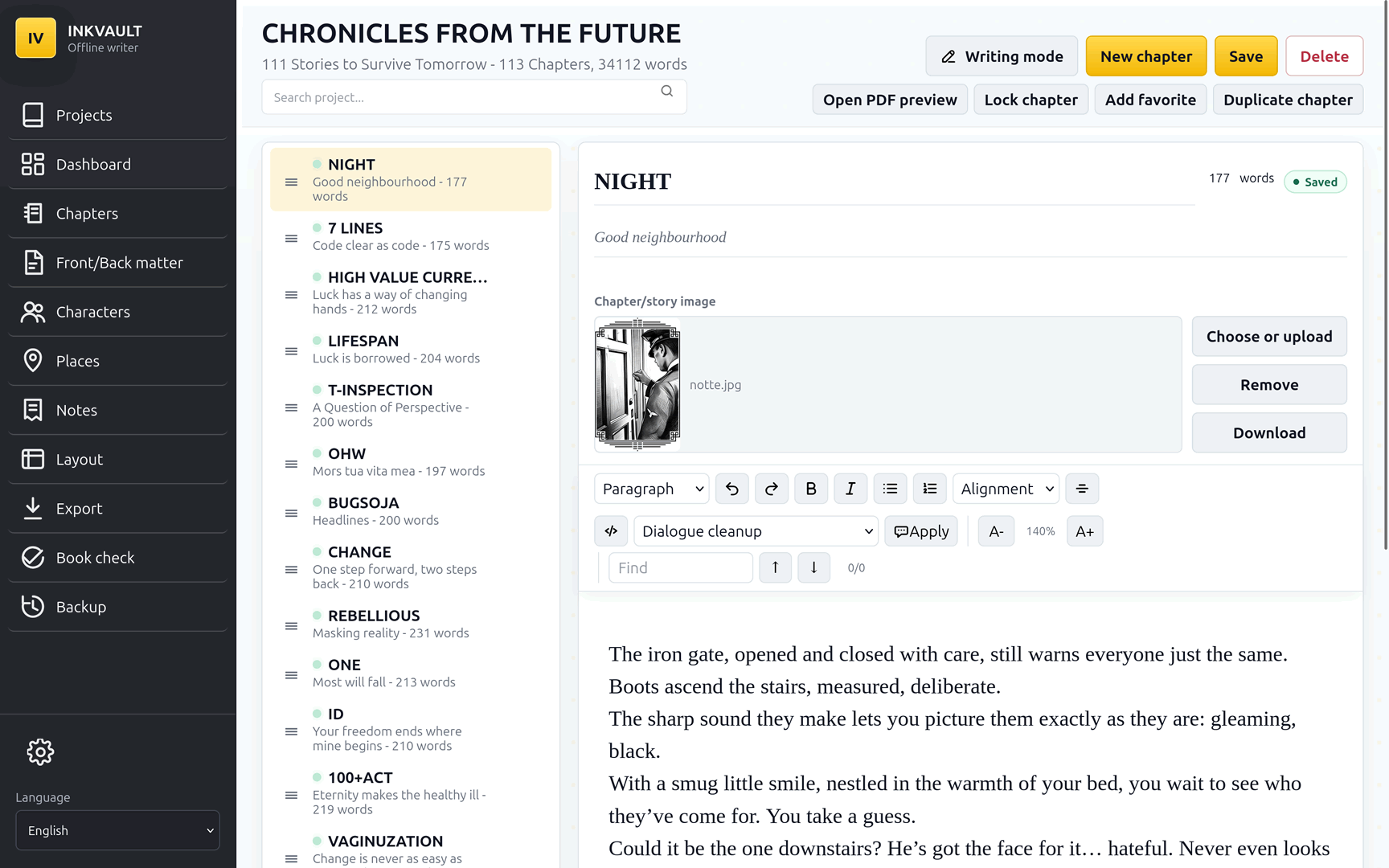 InkVault chapter editor showing manuscript text, autosave and chapter metadata controls.