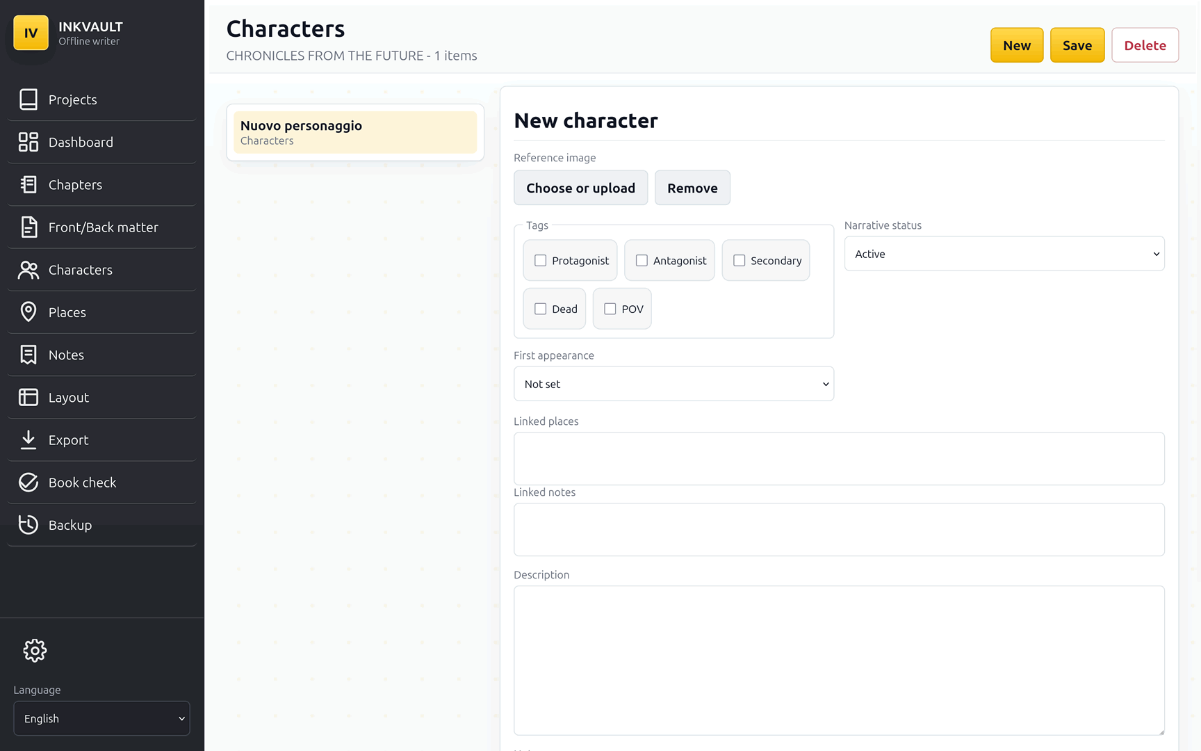 InkVault character notes screen for organizing story references inside a book project.