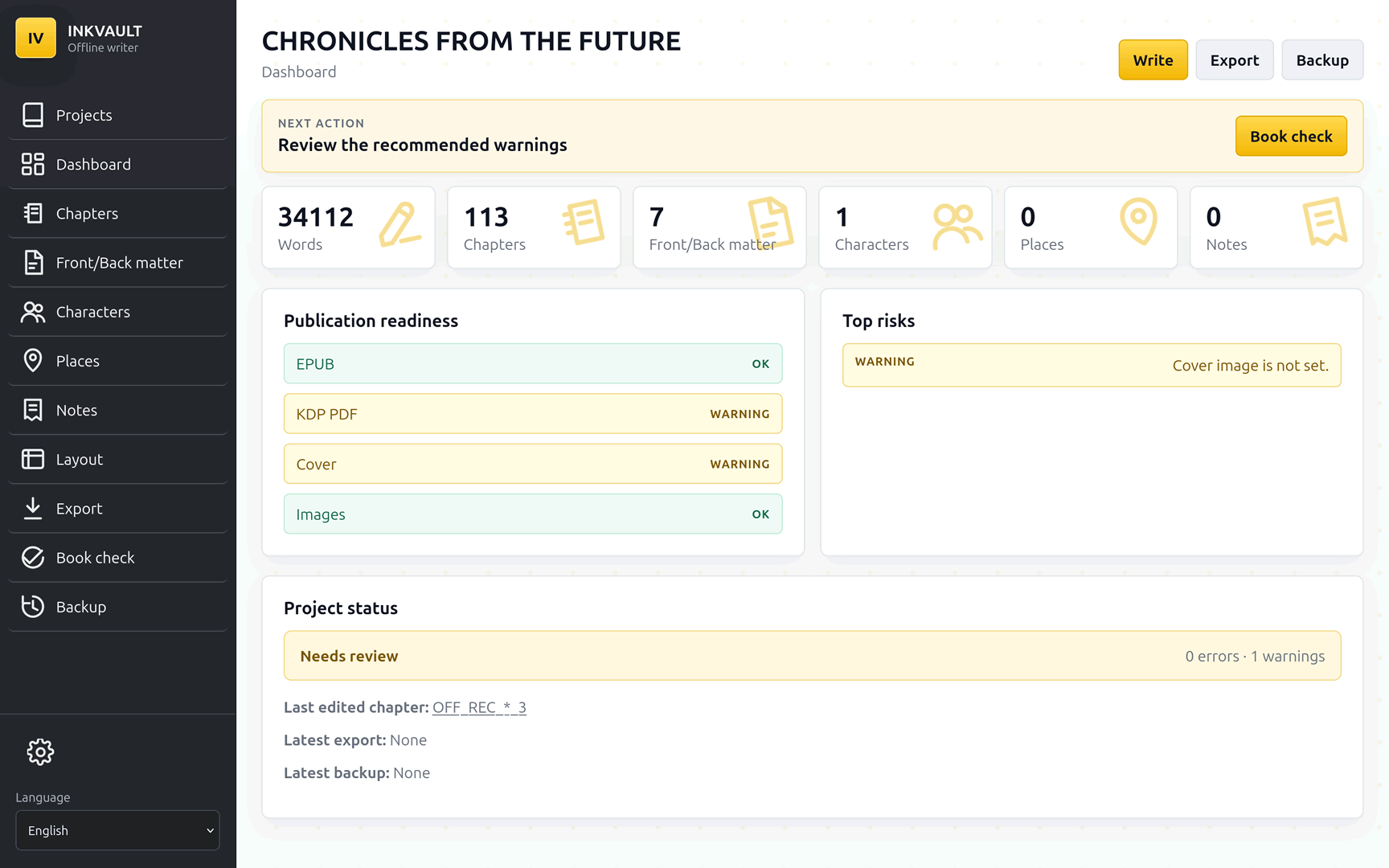 InkVault book dashboard showing chapter structure, book checks and export readiness.