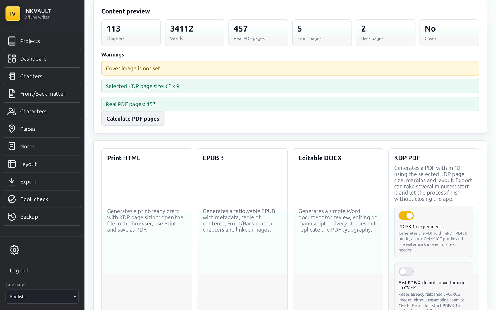 InkVault export studio for generating PDF drafts, HTML, DOCX and EPUB-oriented files.