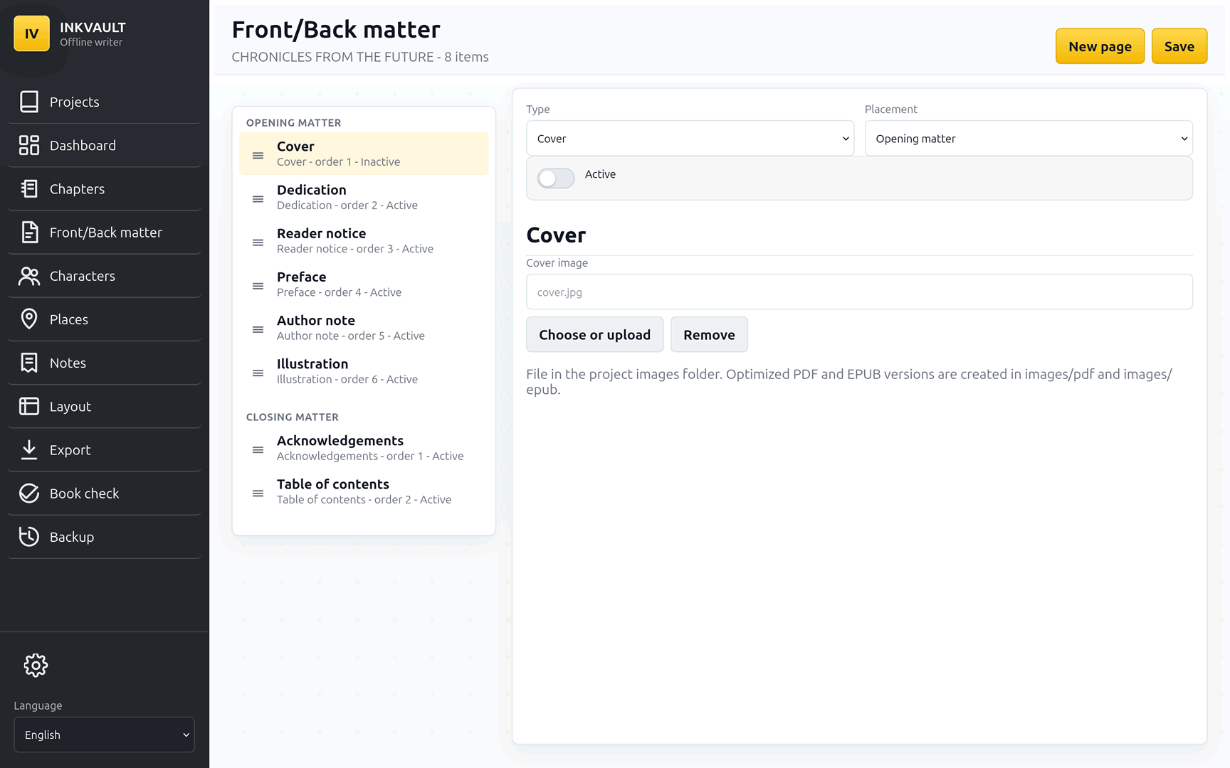 InkVault front and back matter editor for the pages around the main manuscript.