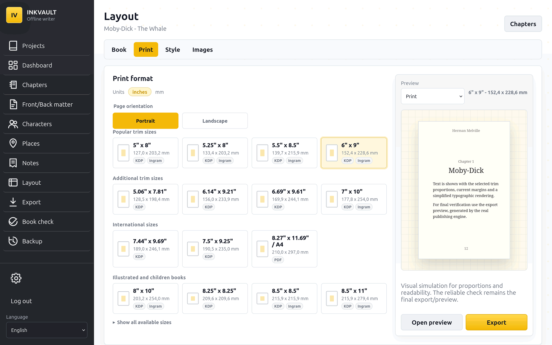 InkVault print layout presets showing book type, margins, front matter and KDP-oriented settings.
