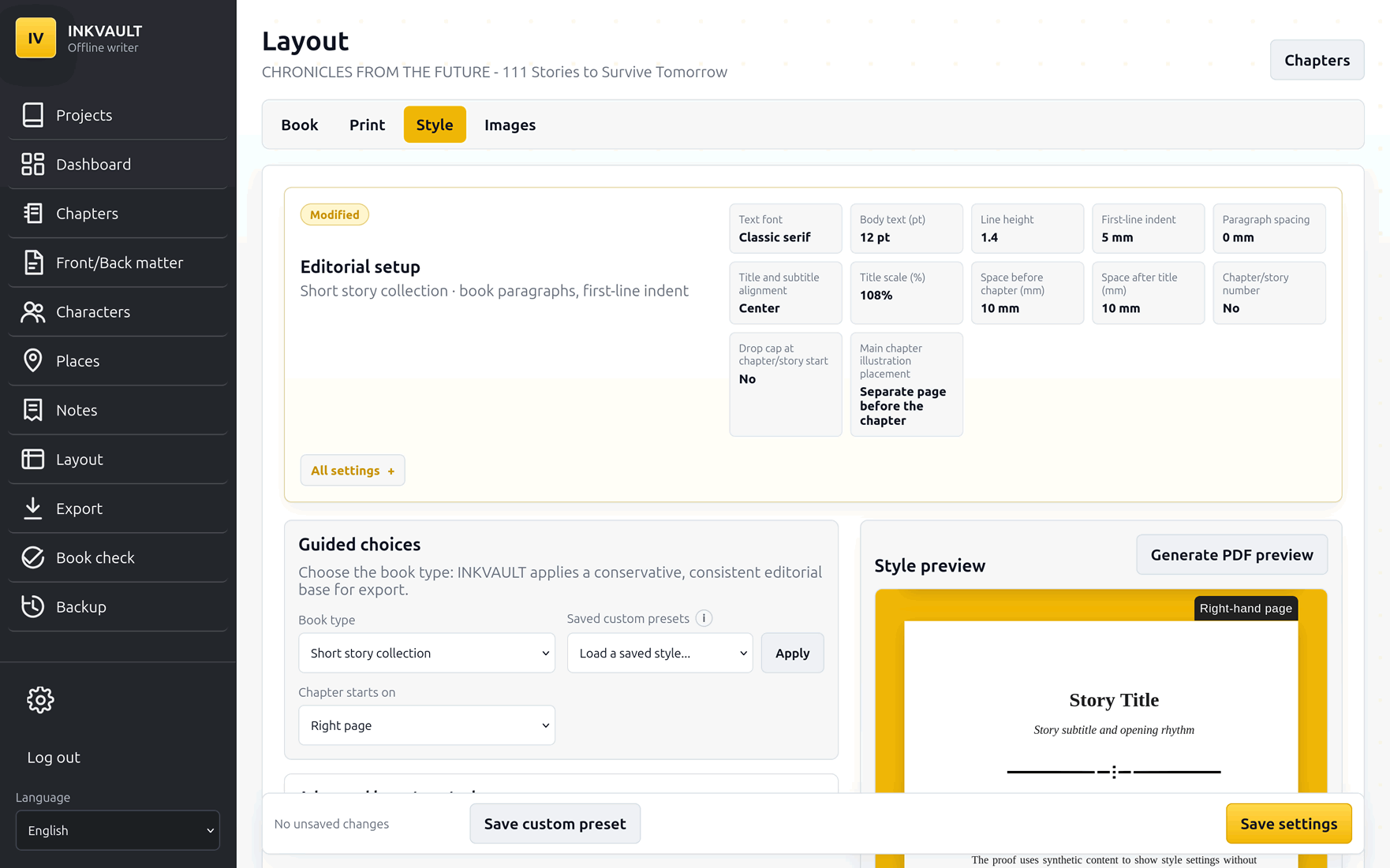 InkVault layout style controls for typography, body text and consistent book pages.
