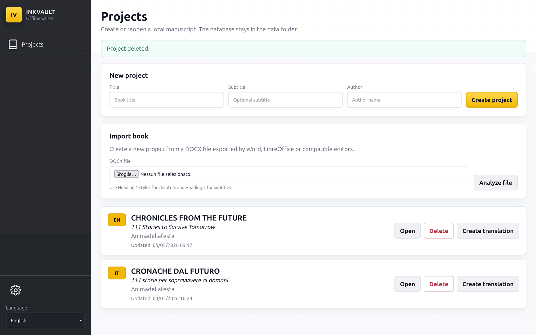 InkVault projects screen for choosing local manuscript workspaces and book files.