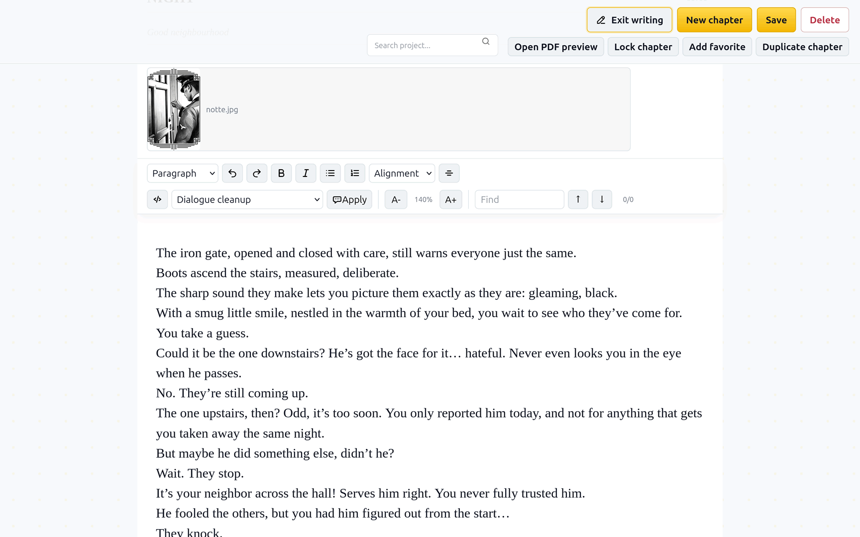 InkVault writing mode with a focused long-form manuscript editing surface.
